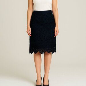 Ann Taylor, Navy Blue Lace Overlay Classic Scallop Hem Pencil Skirt, Size 4